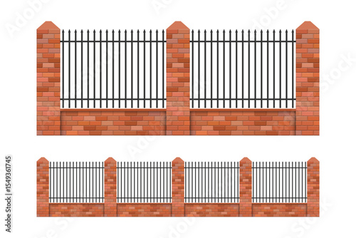 A detailed illustration portrays two sections of a brick fence with iron bars, symbolizing property demarcation, security, and architectural design on white background.