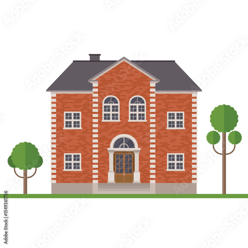 A cartoon illustration shows a two-story brick building. It has white trim, arched windows, a gray roof, a chimney and two stylized green trees on either side of the building.