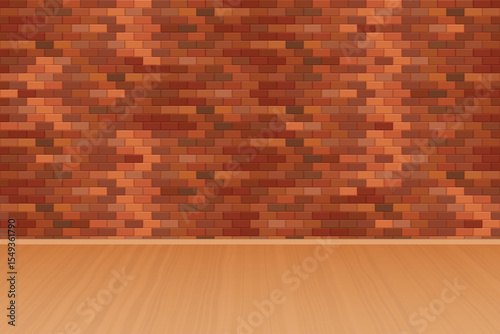 Interior setting featuring a red and brown brick wall complemented by a light brown wood floor. This scene provides a neutral space ready for design applications.