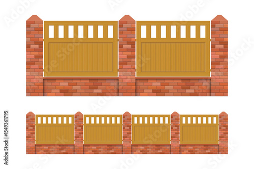 Illustration of a repeating brick and wood fence design. The fence has a wooden top with vertical slats above a solid wood base, connected by brick columns. Isolated on white.