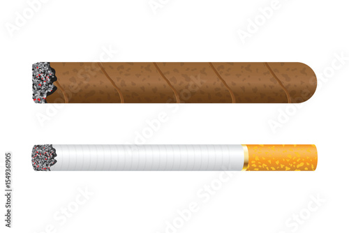 This vector art pictures a cigar and cigarette against a white backdrop, underscoring the risks of unhealthy smoking habits. A statement about addiction, health and risk.
