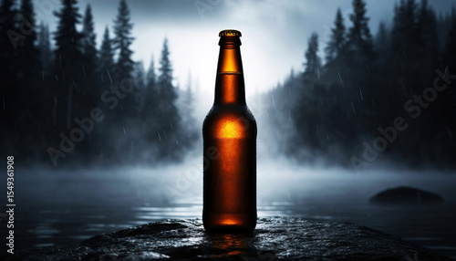 A beer bottle stands on a rock in a misty forest landscape. Rain falls in a mysterious, moody setting.