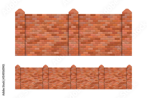 The image features two brick walls made of red blocks, one stacked atop the other, separated by white space. The scene is set against a solid white surface.
