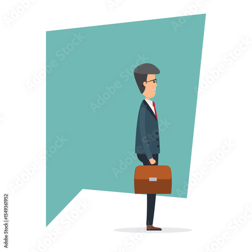 A cartoon illustration of a man with a briefcase, wearing a suit and tie. He stands in front of a turquoise backdrop, looking to the right, in a simplistic style.