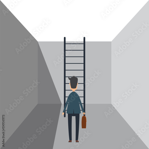 A man in a suit stands in a confined space facing a ladder leading upwards, holding a briefcase, symbolizing ambition, career progression, and striving for success and improvement.