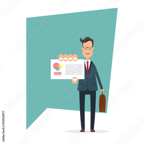 A cheerful cartoon businessman in a suit holds a business card. He's standing against a blue speech bubble, with a briefcase in hand, ready to network.