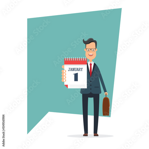 A man in a suit is holding a calendar opened to January 1st, standing in front of a teal background. He is also holding a brown briefcase.