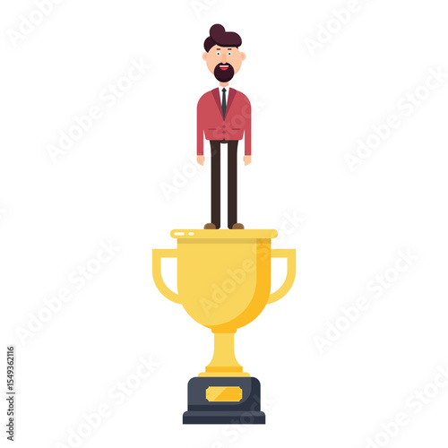 A cartoon man stands atop a large golden trophy. He is wearing a suit, and the image represents success, achievement, and being a winner in a competition.