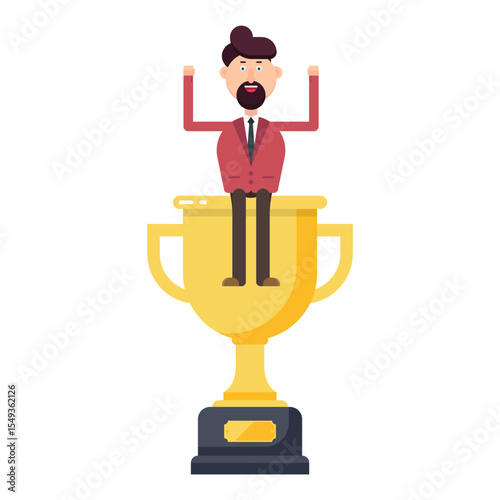 A flat vector illustration shows a man in a red suit celebrating his win. He's standing on a large, golden trophy with his arms raised in the air, signifying victory.