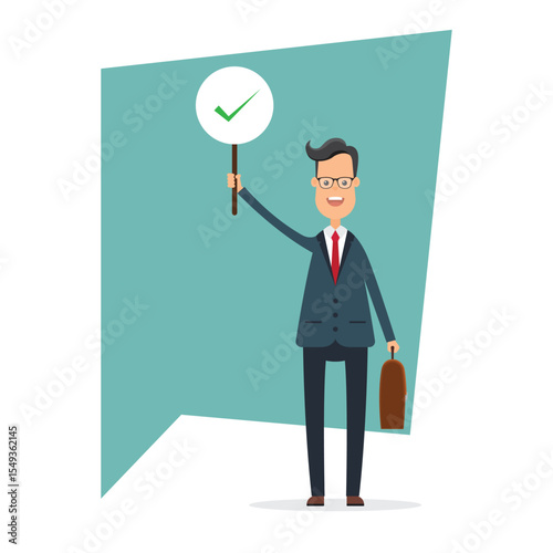 A cartoon of a cheerful professional man holding a briefcase and a sign with a check mark, symbolizing approval or affirmation. He is in front of a blue backdrop.