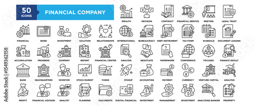 50 Financial Company icon set. Containing design, Wealth Management, Decision Support, Contract Negotiation, Financial Service, Meeting Solution, Legal Trust