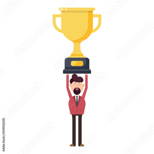 A cartoon of a man in a red suit holding up a large golden trophy. He has a beard and is standing straight, celebrating his success and achievement on a plain background.