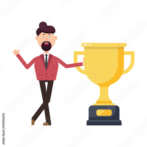 Cartoon man in a red jacket celebrating with a large golden trophy. He has a beard and is smiling with his arms open in excitement for a win or achievement.