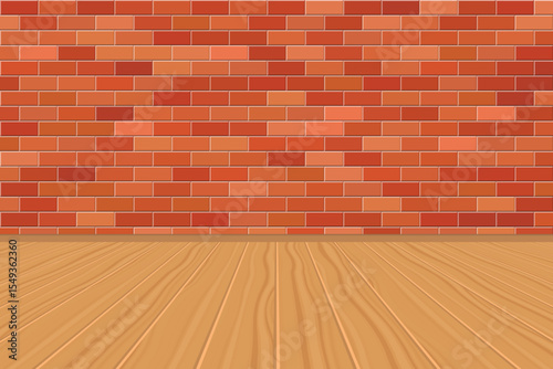 Image depicts a textured brick wall with light wood flooring. The wall consists of orange and red bricks, creating a classic interior design. The floor consists of wood plank.