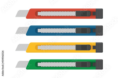A set of four retractable utility knives in red, blue, yellow, and green are horizontally aligned on a white backdrop. Each knife shows its silver blade.
