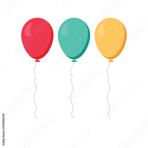 Against a pristine white background, three vibrant balloons – red, teal, and yellow – float, adding a festive touch. Their simple design creates an airy, cheerful mood.