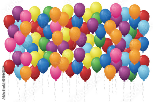 A vibrant array of multicolored balloons, floating and grouped together. The scene evokes feelings of joy, celebration, and festivity against a clean, white backdrop.