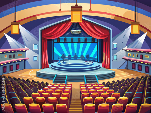 vector of A large hall with seating arrangement with large stage curtains or on a movie stage or large halls with lighting for special programs.