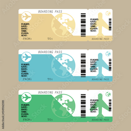 Three colorful boarding passes in yellow, blue, and green, illustrate air travel. Each ticket displays flight details, gate number, date, time, class, seat, and destinations.