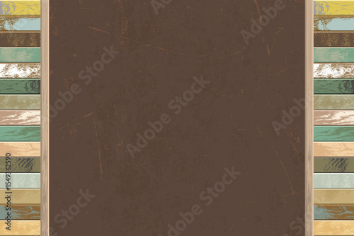 A wooden panel with a dark brown center provides a blank, rustic backdrop, framed by colorful weathered planks on either side, suitable for graphics and presentations.