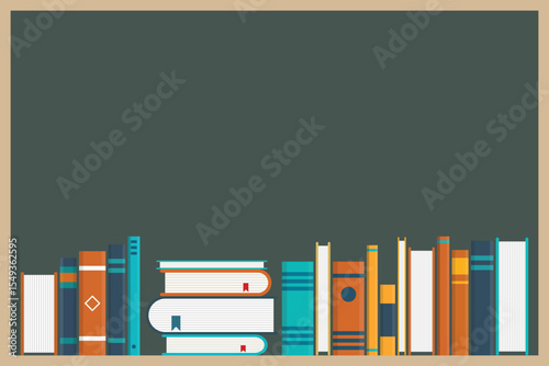 A flat lay illustration presents an array of books on a shelf, showcasing different sizes, colors, and designs against a neutral backdrop, perfect for educational content.
