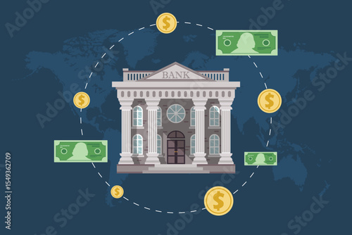A bank building stands centrally on a world map, connected by dotted lines to scattered money and coins, symbolizing global finance and international money transactions.