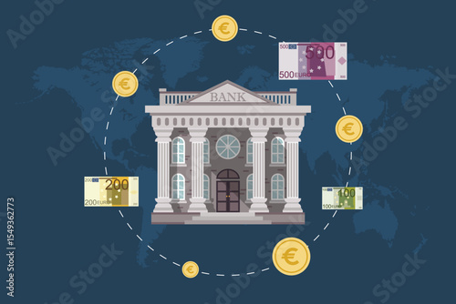 Illustration showcasing a bank building at the center of the frame, surrounded by Euro coins and banknotes, with a world map background symbolizing global transactions.