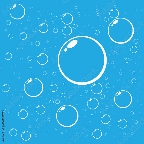 A bright blue background filled with floating white bubbles of different sizes. The bubbles give a sense of floating, cleanliness, freshness and a feeling of relaxation.
