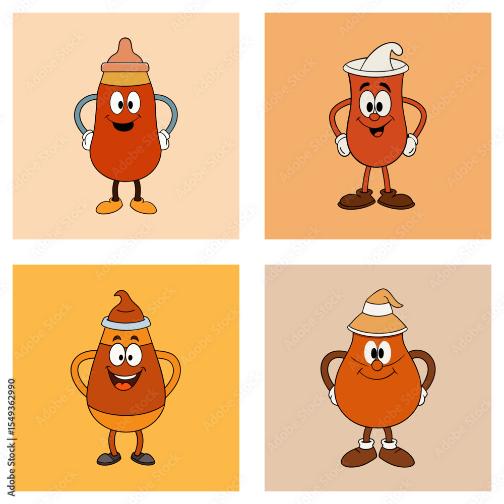 Obraz premium Four cartoon characters with hats and gloves standing in a grid on different color backgrounds