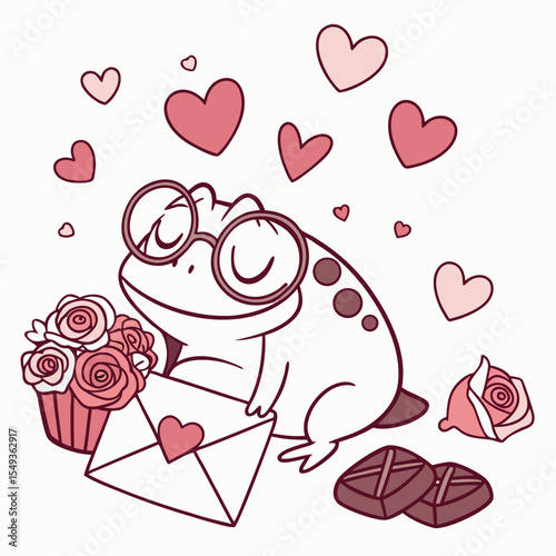 A Sleepy Frog with wearing glasses in a Valentine theme – Valentine Blush palette SVG illustration