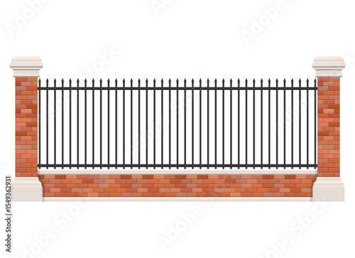 Illustration of a symmetrical wrought iron fence with brick pillars, the fence is a dark color, adding a decorative element to a property while providing security.