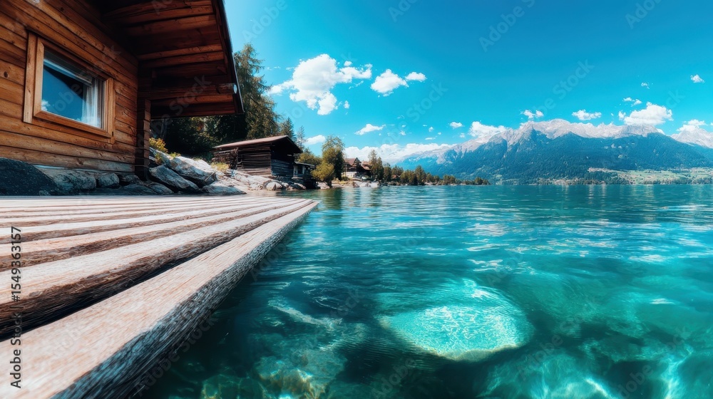 Fototapeta premium A stunning lakeside cabin offering breathtaking views of crystal clear water and majestic mountains under a bright blue sky, highlighting nature's pristine beauty.