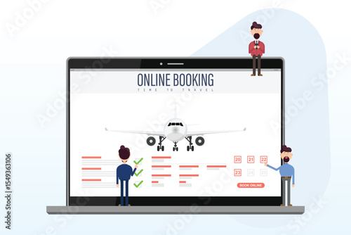 Online flight booking concept features a laptop screen showing an airplane and booking interface, with people selecting travel dates for their vacation planning.
