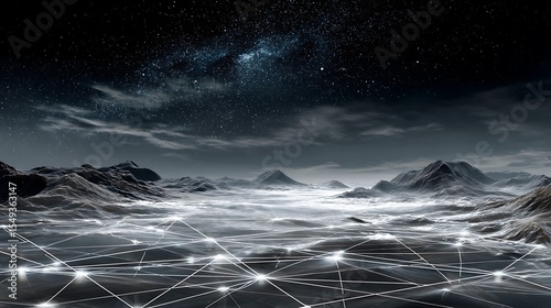 Network Over Mountain Under Starry Night