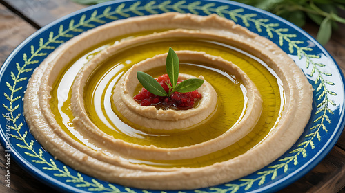 Hummus swirls, drizzled with olive oil, on a decorative plate.
