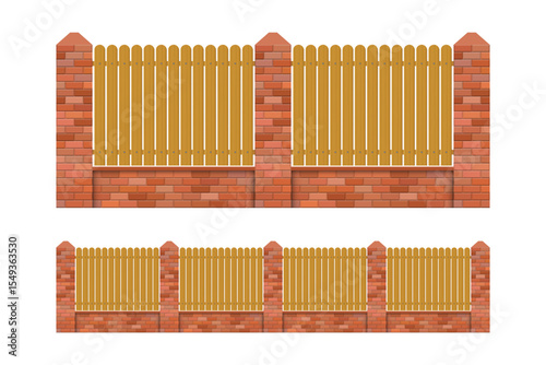 This image showcases a fence made of both wood and brick. The wooden portion is a barrier with vertical planks, set against a brick base and posts, adding stability.
