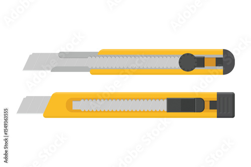 Two yellow utility knives with retractable metal blades are displayed on a white background, tools often used for cutting various materials in craft or construction projects.