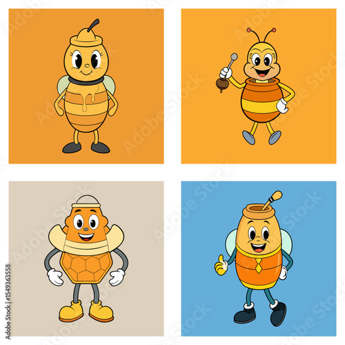 A cartoon illustration showcasing four honey bee characters with honey pot bodies and smiling faces