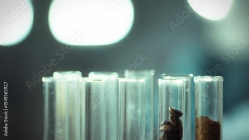 Close-up of the hands of a lab technician holding metal tweezers. He is analyzing coffee beans. Concept and follow-up of new coffee brewing technologies