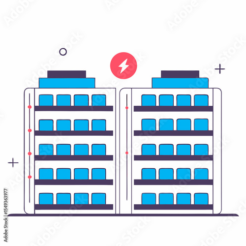 Battery Energy Storage System – Flat Vector Concept.
 Vector illustration showing energy storage system with battery banks storing power from renewable energy sources.