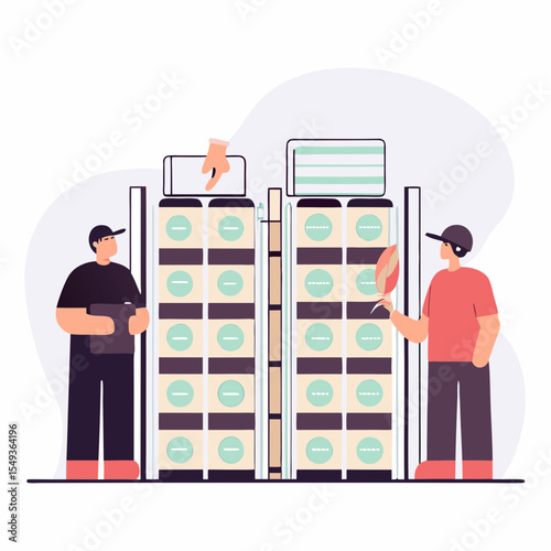 Battery Energy Storage System – Flat Vector Concept.
 Vector illustration showing energy storage system with battery banks storing power from renewable energy sources.
