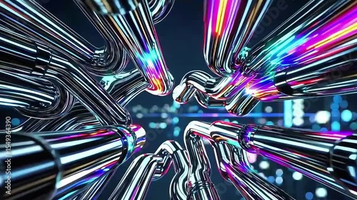 Metallic pipes intertwine, transporting multicolored energy through a futuristic system, showcasing a dynamic process of power distribution