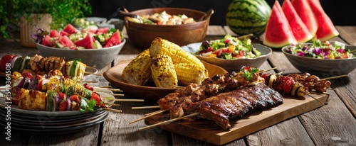 The vibrant summer barbecue feast with grilled meats and fresh salads.