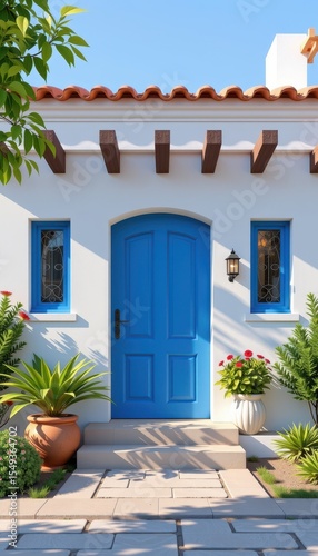 Charming Blue Door with Vibrant Garden Accents