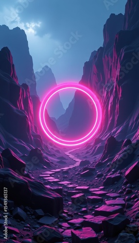 Futuristic Neon Landscape with Circular Light Effect