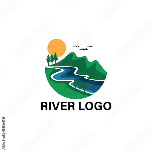Serene River Landscape Logo Design Mountain, Sun, and Birds Illustration