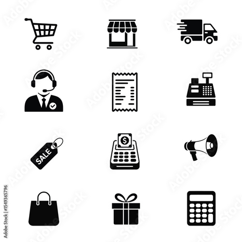Black and White Shopping Icons Set Retail Ecommerce Symbols Collection Customer Service Delivery Sale Tag Gift Box Calculator Cash Register Shopping Cart Store