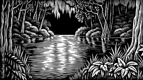 Lake inside a deep jungle basin with exotic plants growing along the shore, a black and white sketch vector.