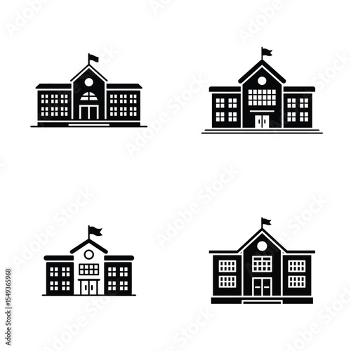 Four Black and White School Building Icons Simple Schoolhouse Illustrations Educational Institution Symbols