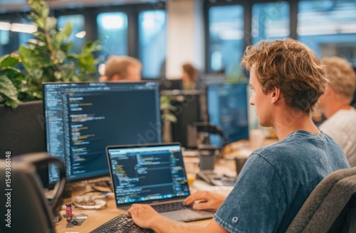 Dedicated male developer focused on intricate code on dual screens in a modern tech office environment.